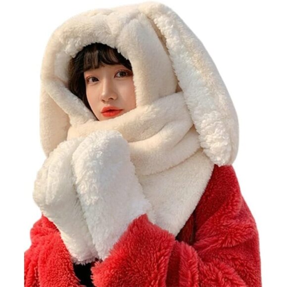 Women Beige Cute Rabbit Ear Plush Beanie Cap Outdoor Fluffy Bunny Hat Scarf main image 4